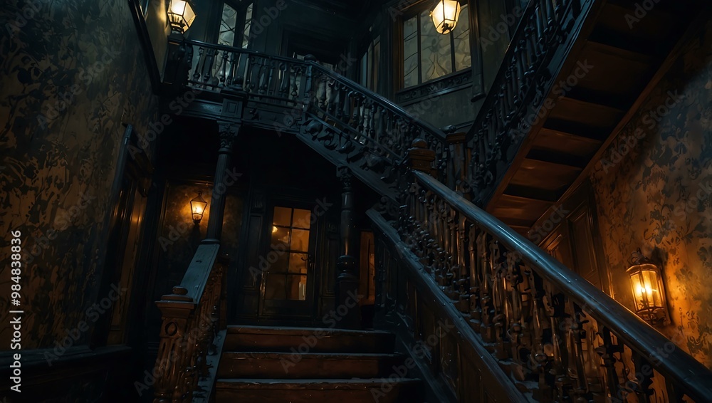 Haunted Victorian mansion stairways with spooky atmosphere. Haunted Victorian mansion stairways with spooky atmosphere.