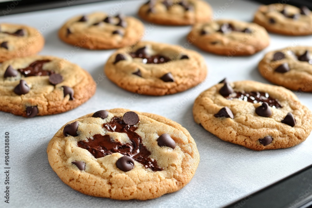 A tray of freshly baked cookies, warm from the oven and oozing with melted chocolate chips A tray of freshly baked cookies, warm from the oven and oozing with melted chocolate chips