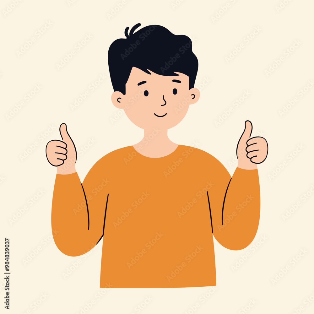 Smiling young man giving two thumbs up wearing an orange shirt against a plain background. Smiling young man giving two thumbs up wearing an orange shirt against a plain background.