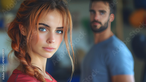 A young woman with red hair looks directly at the camera, while a man stands behind her out of focus.