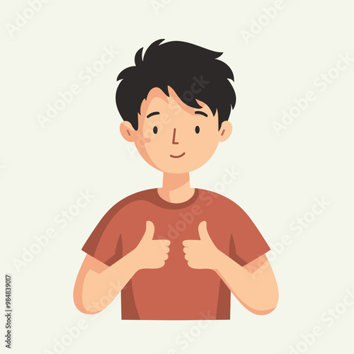 Illustration of a young boy with dark hair giving a thumbs up, wearing a red t-shirt, on a light background.