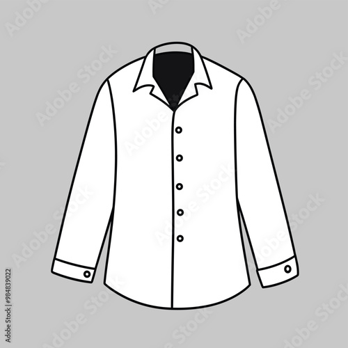 Illustration of a long-sleeve, button-up white shirt on a grey background.