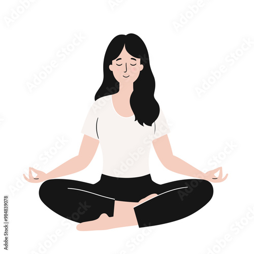 Young woman practicing meditation in a seated cross-legged position on a white background.