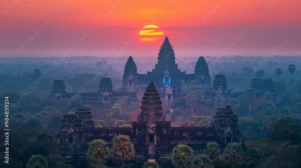 Fototapeta premium Majestic Angkor Wat Silhouetted at Dusk with Ethereal Atmosphere