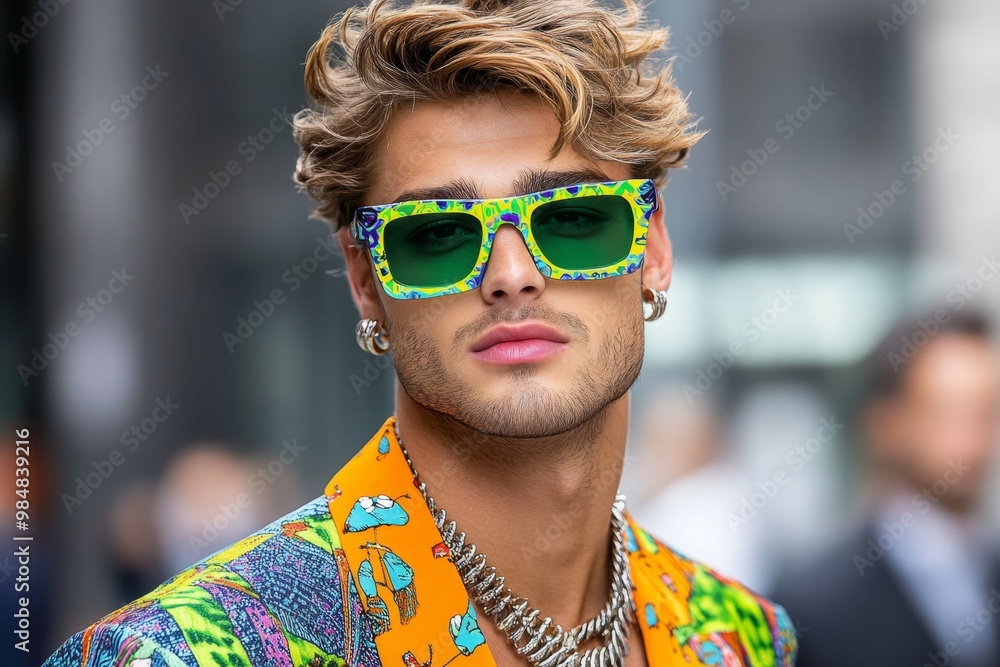 A young man wearing retro-inspired clothing, with bold colors, patterns, and vintage accessories A young man wearing retro-inspired clothing, with bold colors, patterns, and vintage accessories