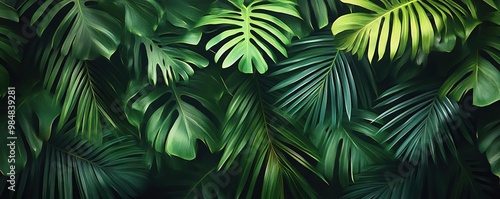 Wallpaper Mural Vibrant green tropical leaves creating a lush and inviting backdrop, ideal for nature-themed designs and projects. Torontodigital.ca