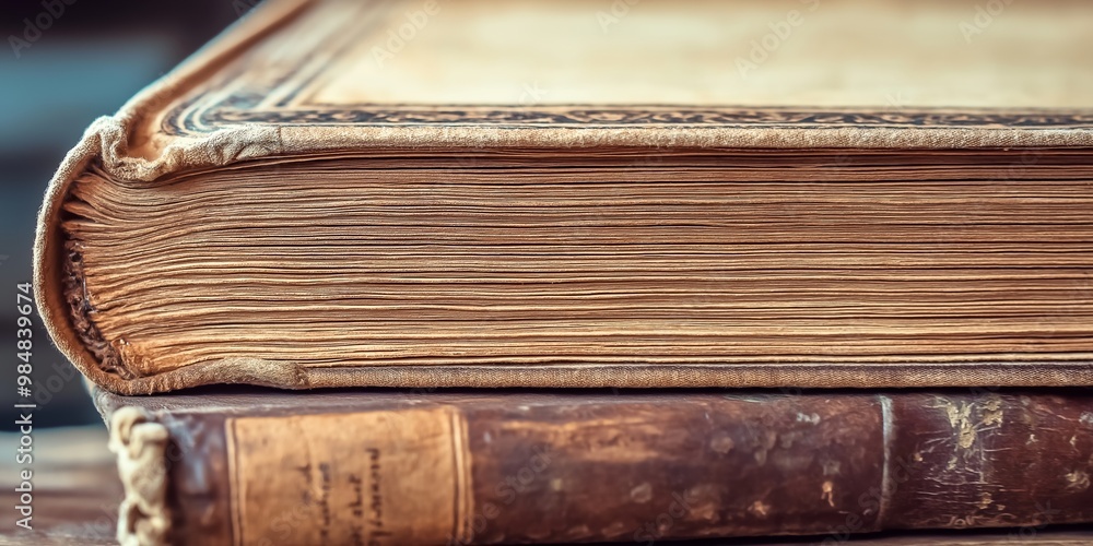 A detailed close-up side view of aged books stacked on a wooden surface, emphasizing their antiquity and history. A detailed close-up side view of aged books stacked on a wooden surface, emphasizing their antiquity and history.