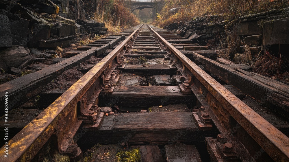 A detailed view of rusty, weathered railway tracks and old wooden sleepers, showcasing the aging infrastructure against a natural backdrop. A detailed view of rusty, weathered railway tracks and old wooden sleepers, showcasing the aging infrastructure against a natural backdrop.