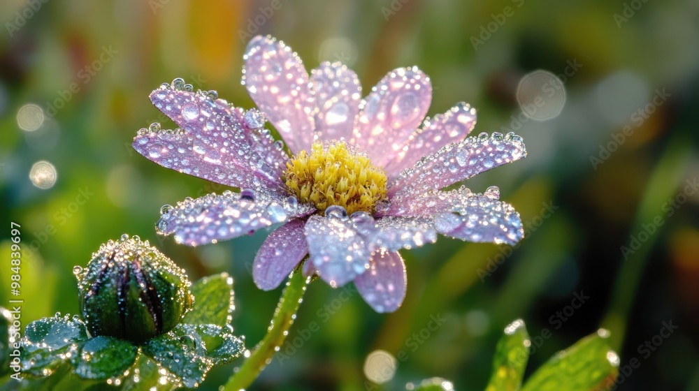 A dew-covered wildflower in a natural setting, with droplets glistening on its petals and leaves, highlighting the beauty of nature A dew-covered wildflower in a natural setting, with droplets glistening on its petals and leaves, highlighting the beauty of nature