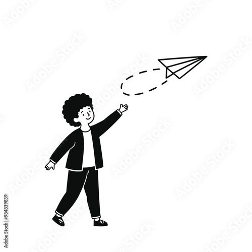 Black and white illustration of a boy happily launching a paper airplane.