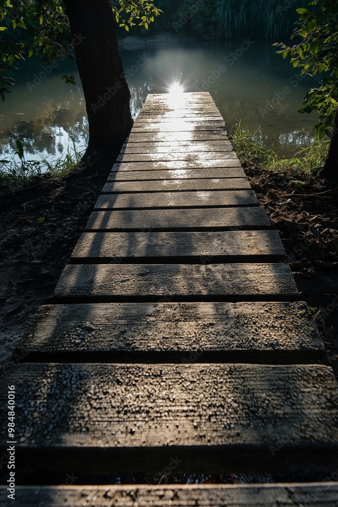 Fototapeta premium A serene scene featuring a wooden dock stretching into a tranquil lake, with the setting sun casting gentle shadows on the water.