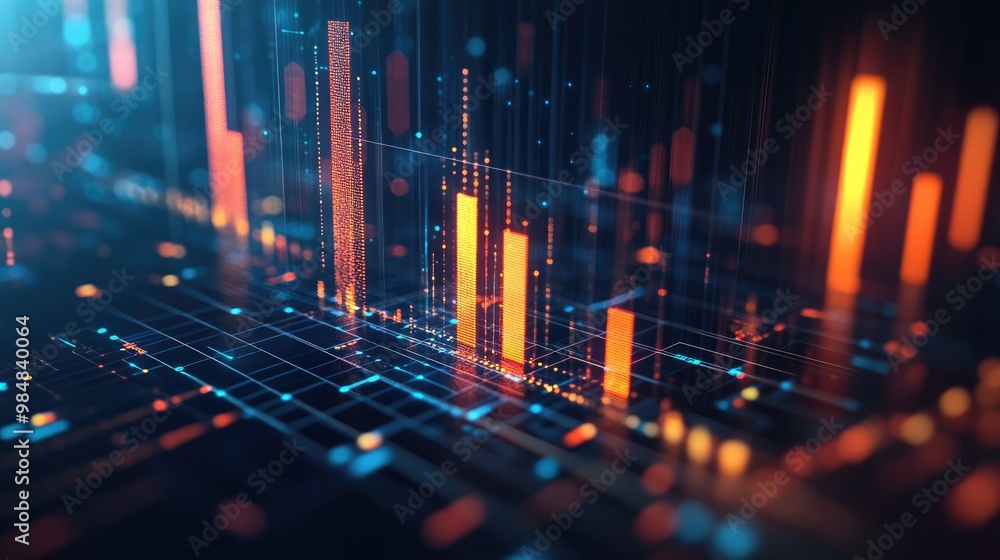 A digital 3D bar chart with glowing edges and deep shadows, set against a dark background, representing futuristic data analytics and advanced technology. A digital 3D bar chart with glowing edges and deep shadows, set against a dark background, representing futuristic data analytics and advanced technology.