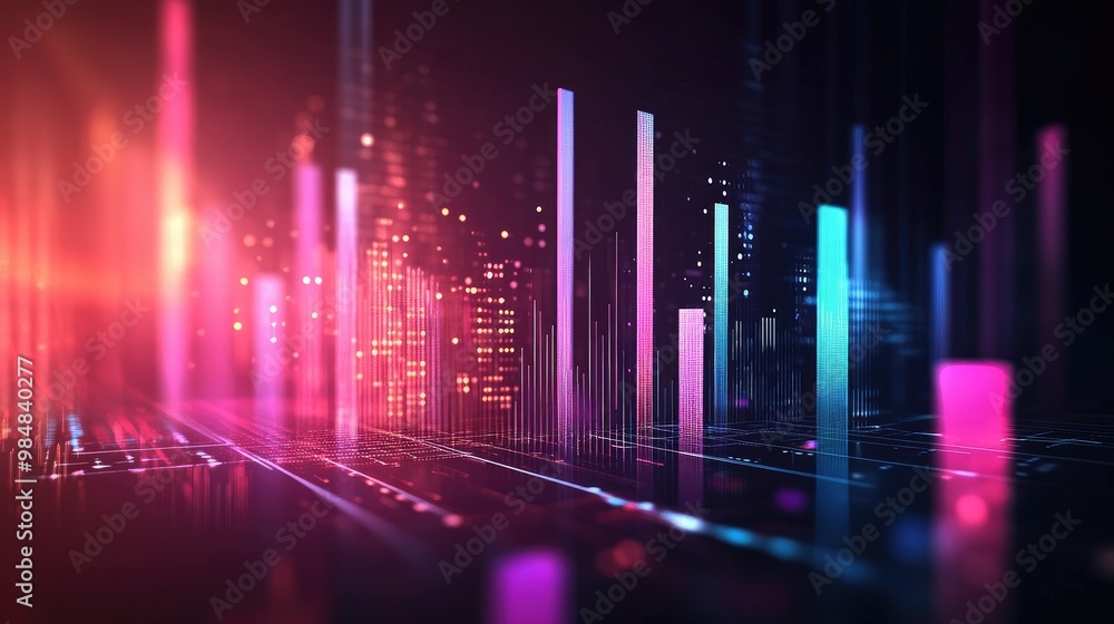 A digital 3D bar chart with glowing edges and deep shadows, set against a dark background, representing futuristic data analytics and advanced technology. A digital 3D bar chart with glowing edges and deep shadows, set against a dark background, representing futuristic data analytics and advanced technology.