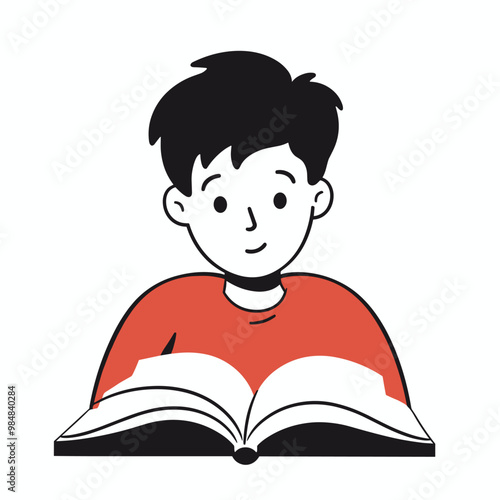 Cartoon illustration of a boy with dark hair reading a book, wearing a red shirt.