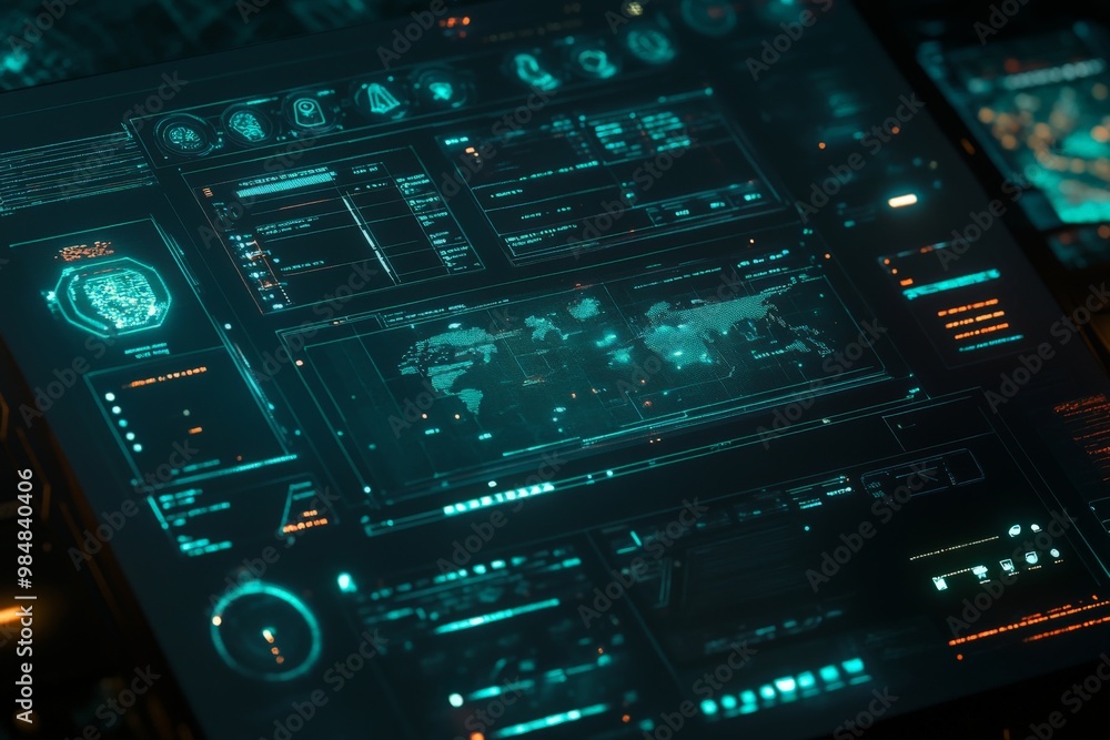 Futuristic High-Tech Interface with Holographic Display Futuristic High-Tech Interface with Holographic Display