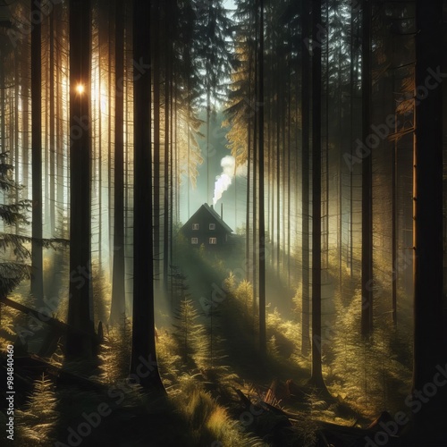 Morning light shines through a misty forest of tall pine trees, casting shadows and illuminating a cozy cabin nestled deep in the woods. The scene evokes a sense of calm and seclusion amidst nature's photo