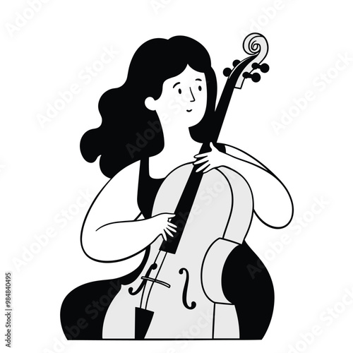 A woman with long hair playing the cello, illustrated in a minimalistic black and white style.