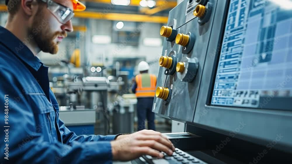 Factory worker operating machinery using control panel