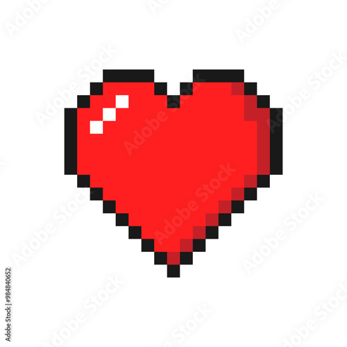 Pixelated style red heart icon with black outline isolated vector illustration