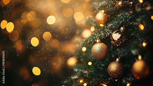 Beautiful close-up of a decorated Christmas tree with shimmering golden ornaments and warm bokeh lights creating a festive atmosphere.