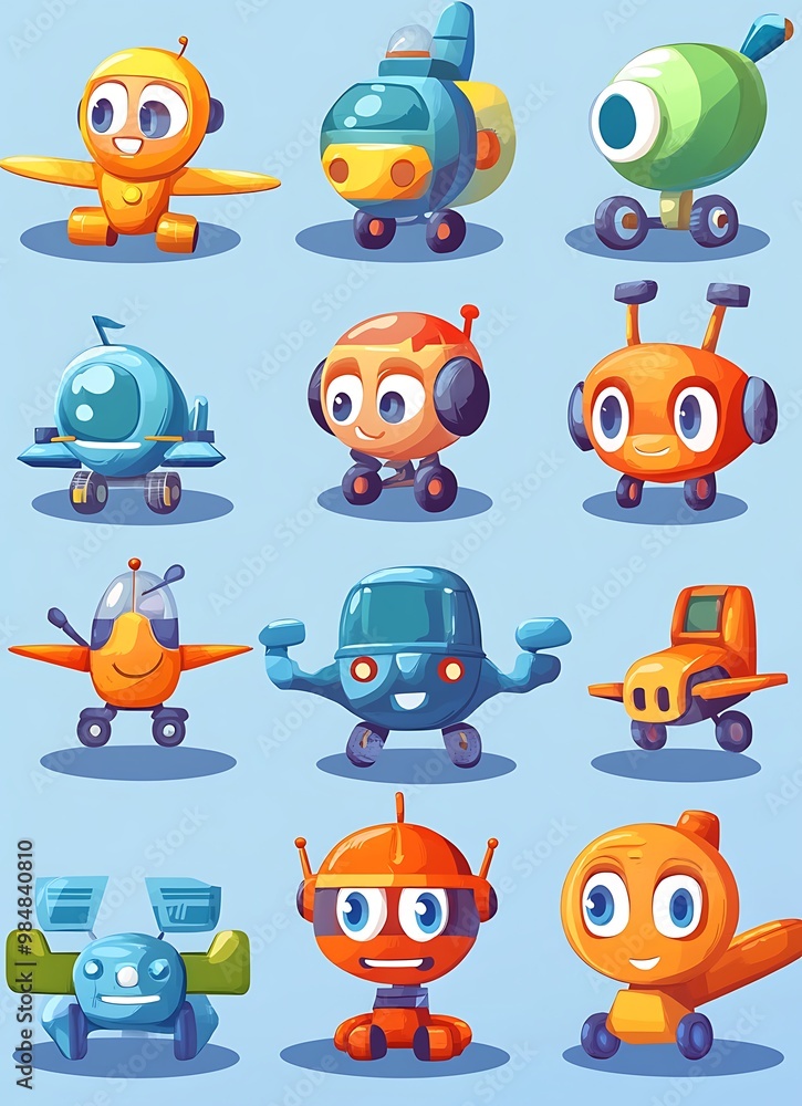 Cute cartoon robots flying and driving, futuristic kids illustration pack Cute cartoon robots flying and driving, futuristic kids illustration pack