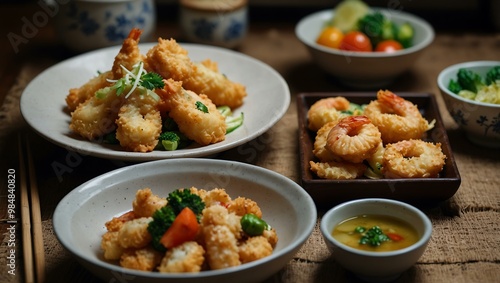 Home-cooked tempura with shrimp and veggies in a cozy Japanese kitchen