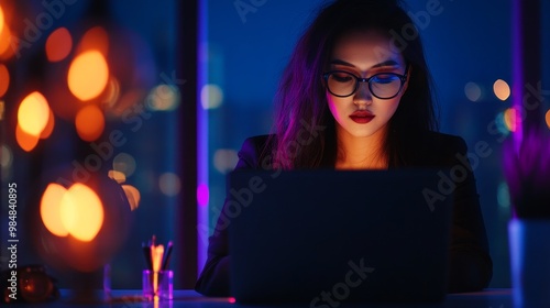 A determined Asian businesswoman, working late at night, is illuminated by a purple glow, symbolizing ambition, innovation, and a forward-thinking mindset. The city lights outside the window represen