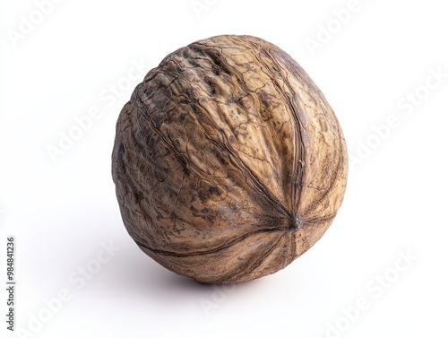 Close-up of a single walnut isolated against a white background.