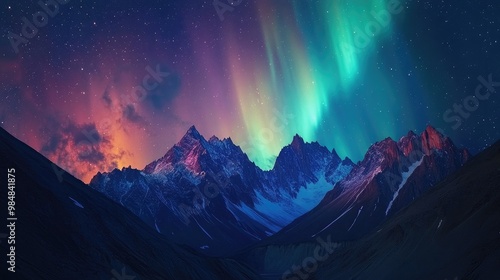 A dramatic shot of the Northern Lights over a rugged mountain range, with the vivid colors of the aurora contrasting against the dark, starry sky.