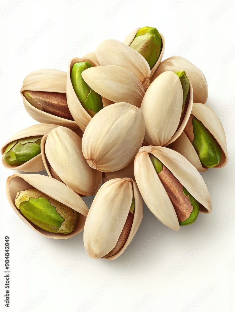 A close-up view of a cluster of natural pistachio nuts on a white background, showcasing their vibrant green kernels, white background A close-up view of a cluster of natural pistachio nuts on a white background, showcasing their vibrant green kernels, white background