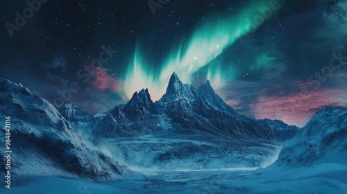 A dramatic shot of the Northern Lights over a rugged mountain range, with the vivid colors of the aurora contrasting against the dark, starry sky.