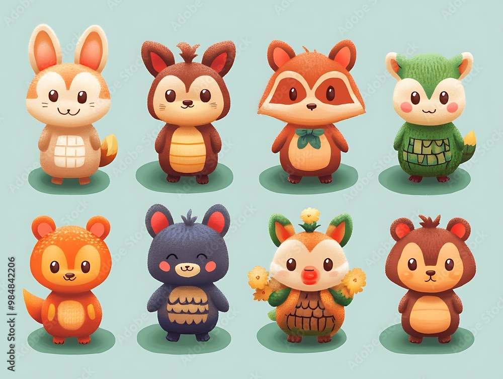 Cute Cartoon Forest Animal Character Set, Bunny, Raccoon, Squirrel, Fox, Deer Cute Cartoon Forest Animal Character Set, Bunny, Raccoon, Squirrel, Fox, Deer