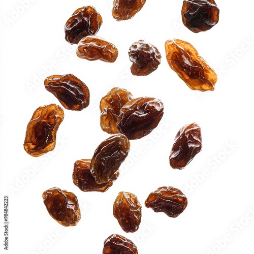 Close-up of multiple raisins floating against a white background.