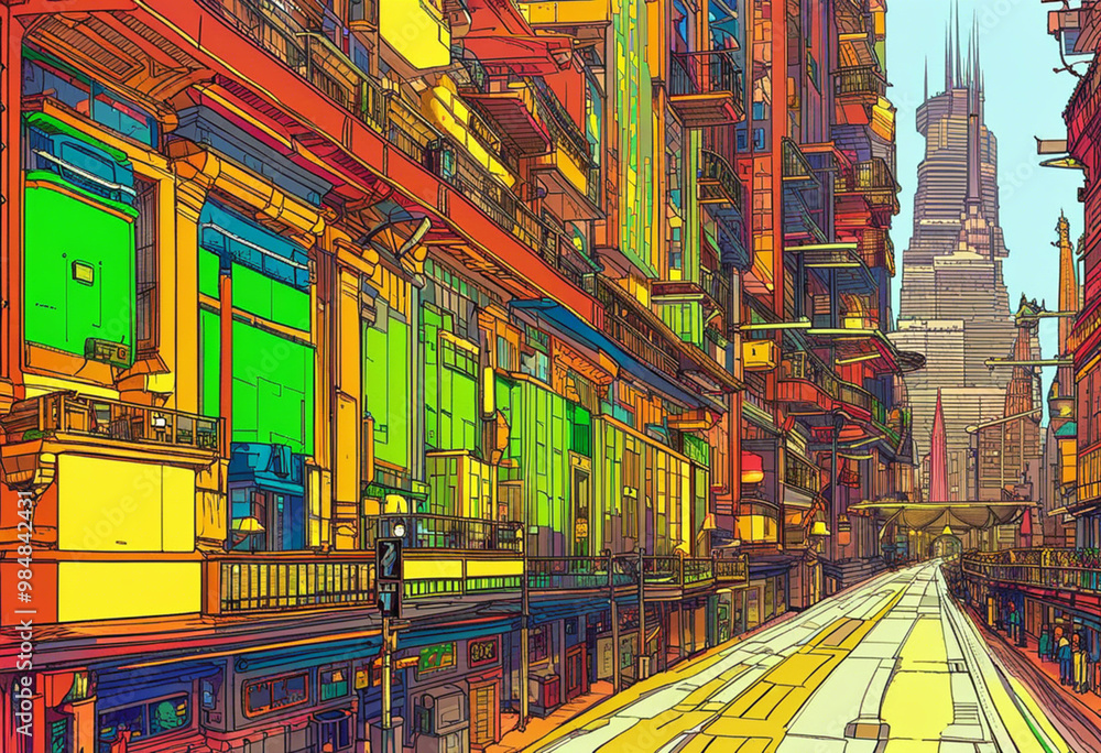 Obraz premium Street Level View of a Illustrated Future City in a Colored Line Art Style 03 by 02 0021