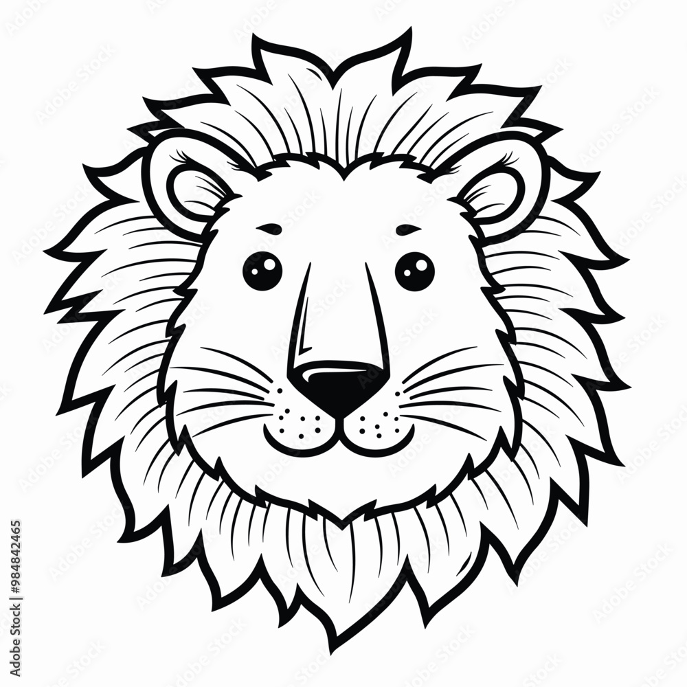 Obraz premium Black and white illustration of a lion's face with a detailed mane.