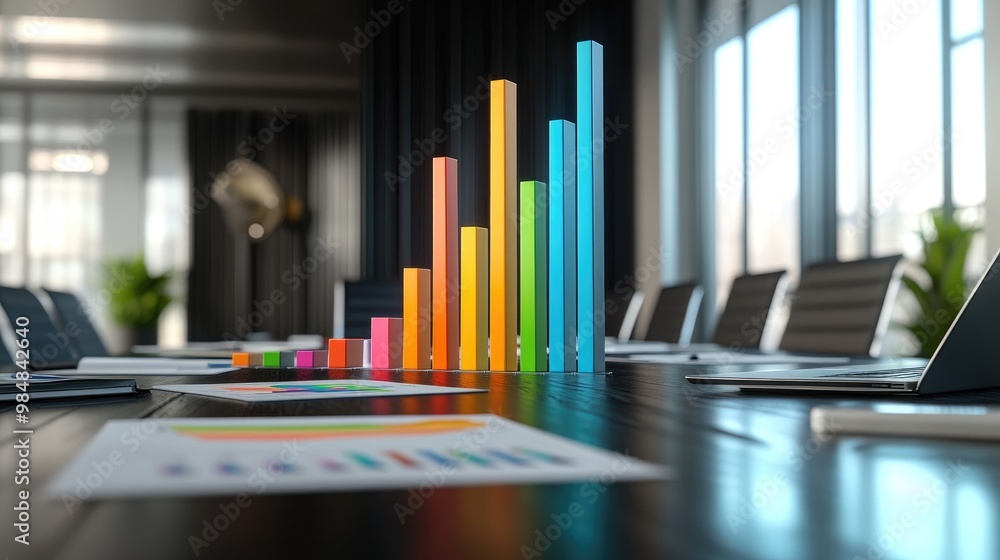 A dynamic 3D bar chart with colorful bars growing upward, floating above a sleek conference table, with business documents and a laptop nearby. A dynamic 3D bar chart with colorful bars growing upward, floating above a sleek conference table, with business documents and a laptop nearby.