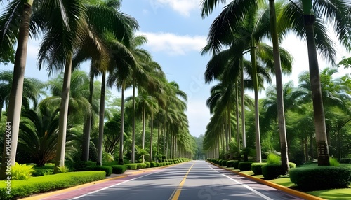 Lush palm trees lining a scenic path in a beautifully manicured landscape