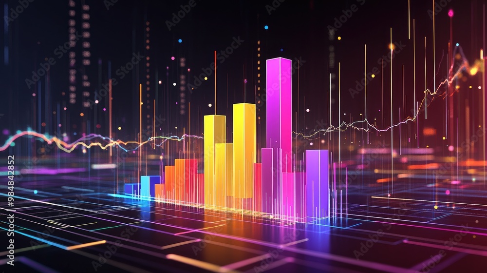 A dynamic 3D bar graph with vibrant colors representing different financial metrics, rising from a sleek platform, with lines and numbers floating in the background A dynamic 3D bar graph with vibrant colors representing different financial metrics, rising from a sleek platform, with lines and numbers floating in the background