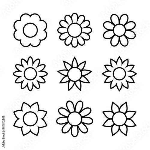 Flowers outline style decorative icon set vector