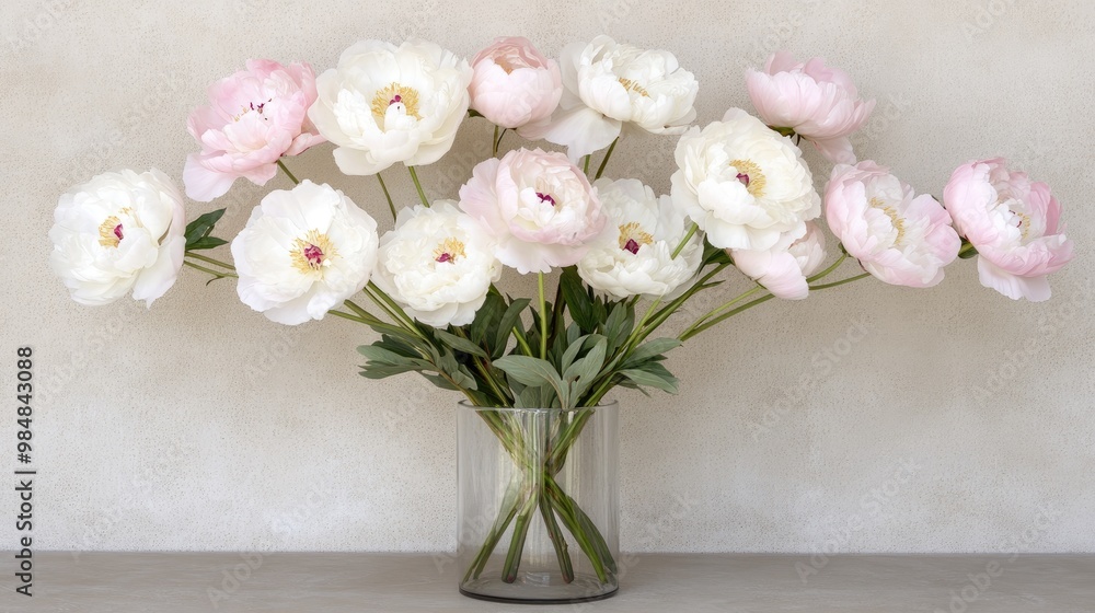 A beautiful display of pink and white peonies fills a glass vase situated on a table, set against a tranquil garden backdrop under bright daylight A beautiful display of pink and white peonies fills a glass vase situated on a table, set against a tranquil garden backdrop under bright daylight