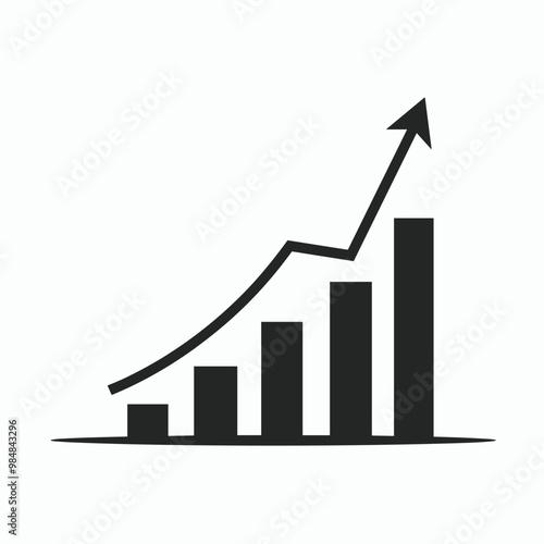 Black and white bar chart with an upward trend arrow.