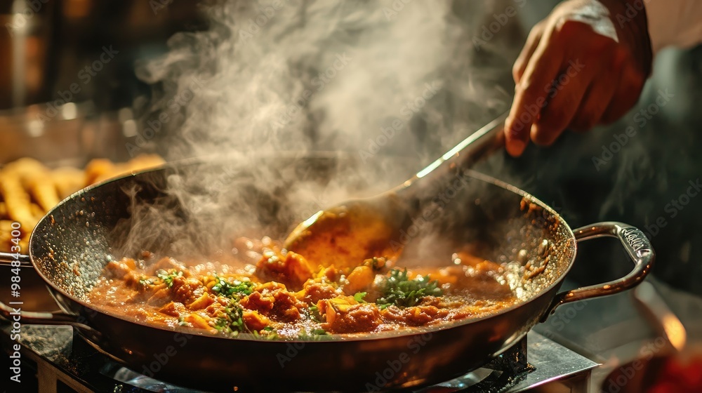 A dynamic image of a chef stirring a hot, aromatic curry in a deep pan, with steam escaping and spices visibly blending into the dish. A dynamic image of a chef stirring a hot, aromatic curry in a deep pan, with steam escaping and spices visibly blending into the dish.
