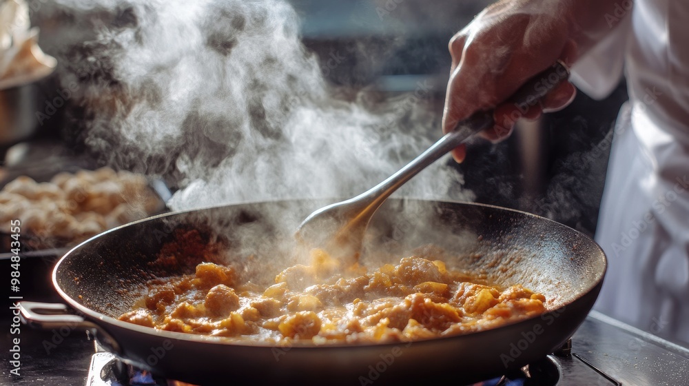 A dynamic image of a chef stirring a hot, aromatic curry in a deep pan, with steam escaping and spices visibly blending into the dish. A dynamic image of a chef stirring a hot, aromatic curry in a deep pan, with steam escaping and spices visibly blending into the dish.