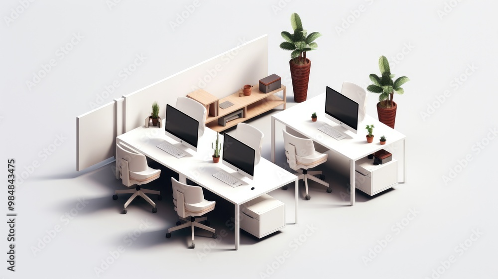 Fototapeta premium Isometric view of a modern office with two desks, chairs, computers, potted plants, and a white wall.