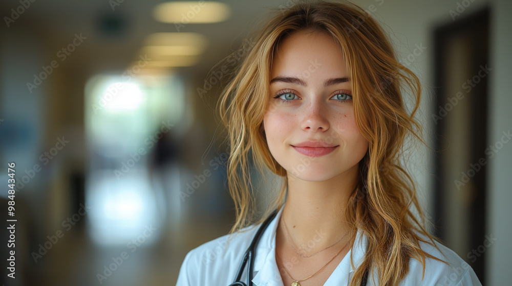 Obraz premium Young woman doctor smiling in a hospital hallway.