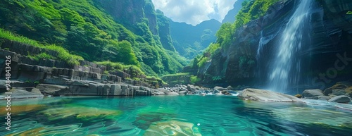 A Serene Mountain Stream Flowing Gently, Enclosed by Lush Greenery and Crystal Clear Waters That Sparkle