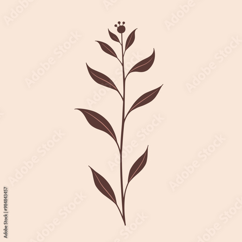 Minimalistic brown floral illustration on beige background, showcasing a single elegant stem with leaves and a flower bud.