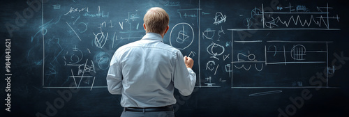 A man stands in front of a blackboard, looking intently at a complex chalk drawing of diagrams and formulas. He is deep in thought, contemplating the concepts and solutions. The image represents educa