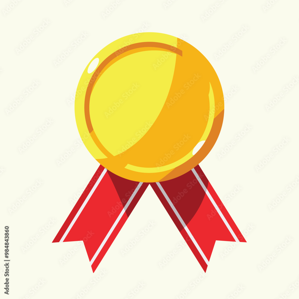 Illustration of a shiny gold medal with red ribbons on a light background. Illustration of a shiny gold medal with red ribbons on a light background.