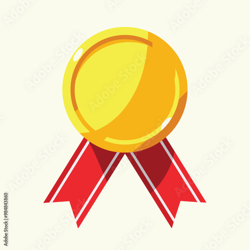 Illustration of a shiny gold medal with red ribbons on a light background.